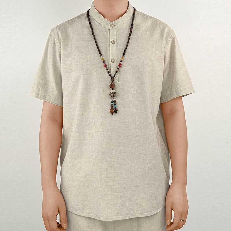 Solid Color Men Short Sleeve Button Linen Shirt