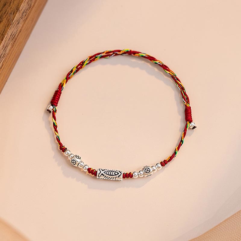 Braided Red String & 925 Sterling Silver Koi Fish Adjustable Bracelet Anklet
