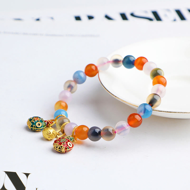 Handmade Candy Agate and Gold Pixiu Peach Charm Beaded Bracelet