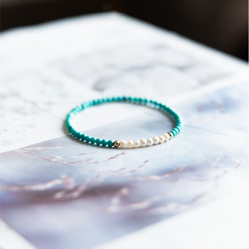 Handcrafted 925 Sterling Silver Natural Turquoise and Pearl Beaded Gold-Tone Bracelet