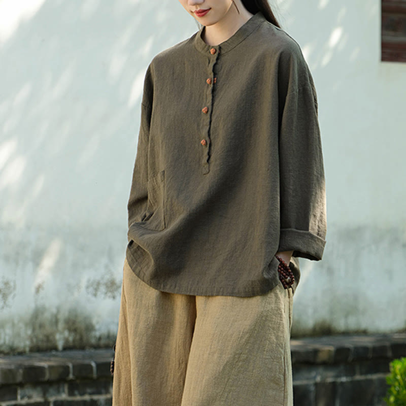 Solid Color Loose Button Blouse Long Sleeve Shirt Top