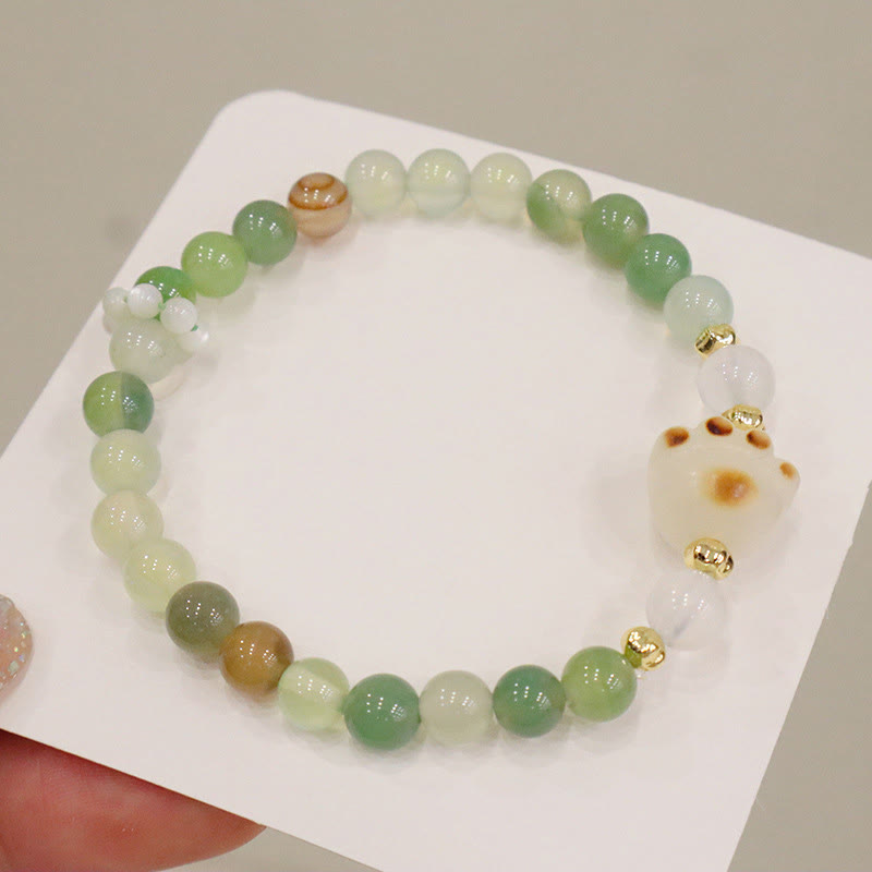 Natural Bodhi Seed and Cat's Eye Beaded Bracelet with Green Agate or Sunstone Cat Paw