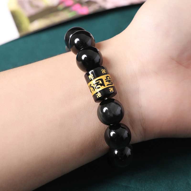 Rainbow Obsidian Om Mani Padme Hum Swastika Positive Bracelet