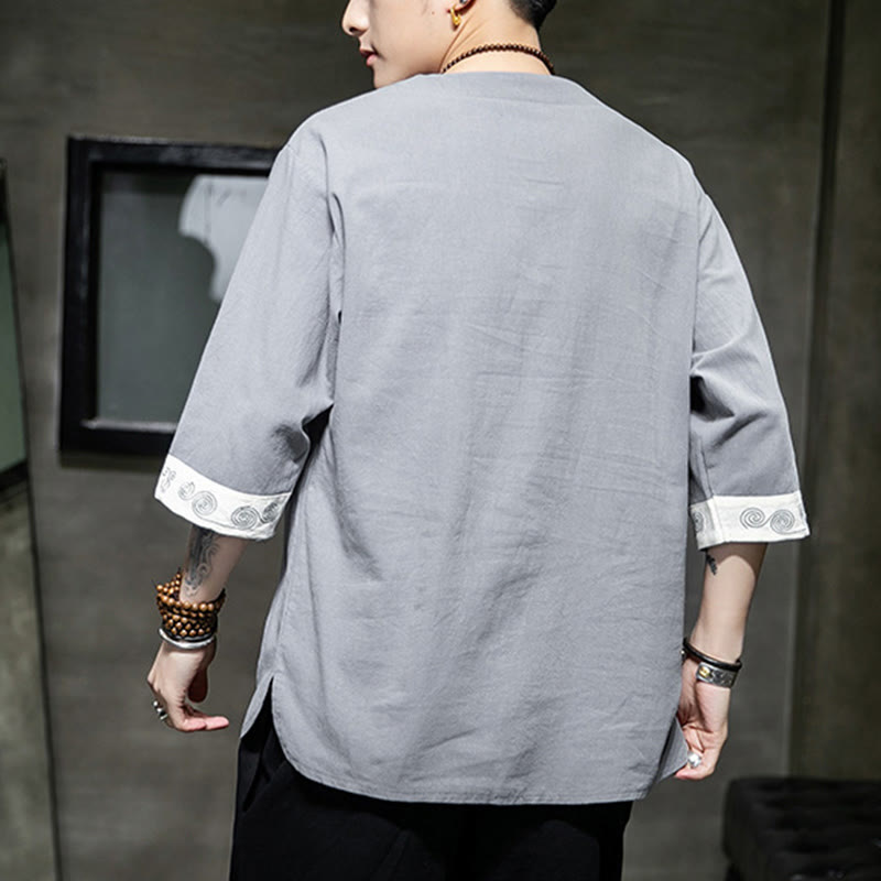 Frog-Button Dragon Embroidery Chinese Tang Suit Three Quarter Sleeve Shirt Cotton Linen Men Clothing