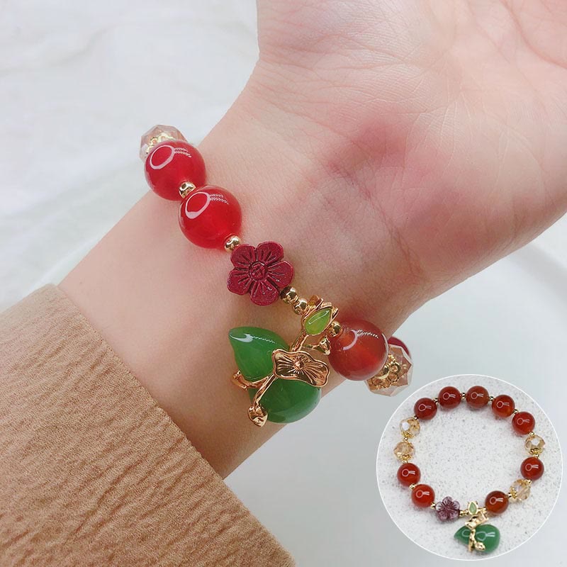 Natural Agate and Clear Quartz Beaded Bracelet with Cinnabar Flower and Wu Lou Gourd