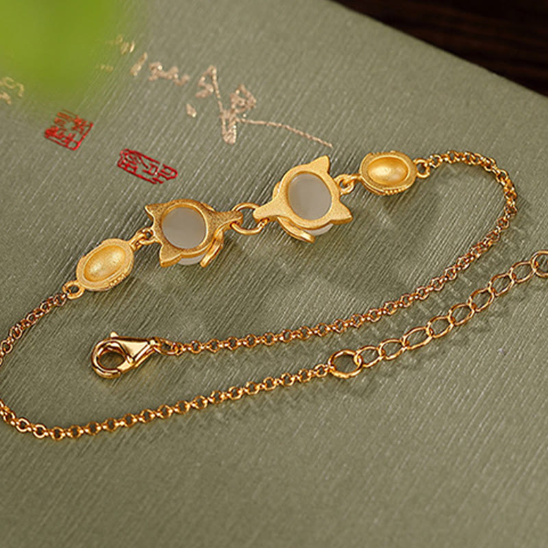 925 Sterling Silver Natural Hetian White Jade Cyan Jade Lovely Fox Luck Bracelet