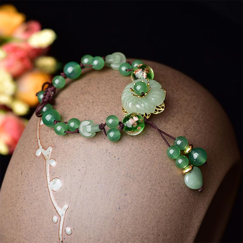 Natural Cyan Jade, Green Aventurine & Agate Dangling Flower Beaded Bracelet
