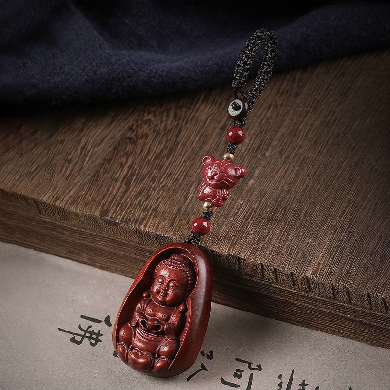 Small Leaf Red Sandalwood & Cinnabar Buddha Chinese Zodiac Carved Keychain