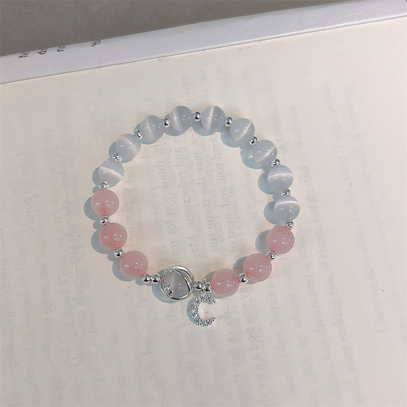 Natural Cat's Eye Pink Crystal Moon Love Charm Bracelet