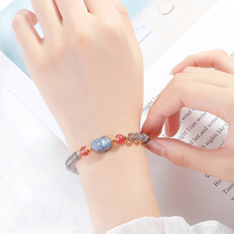 Moonstone and Strawberry Quartz Gold Pixiu Beaded Bracelet