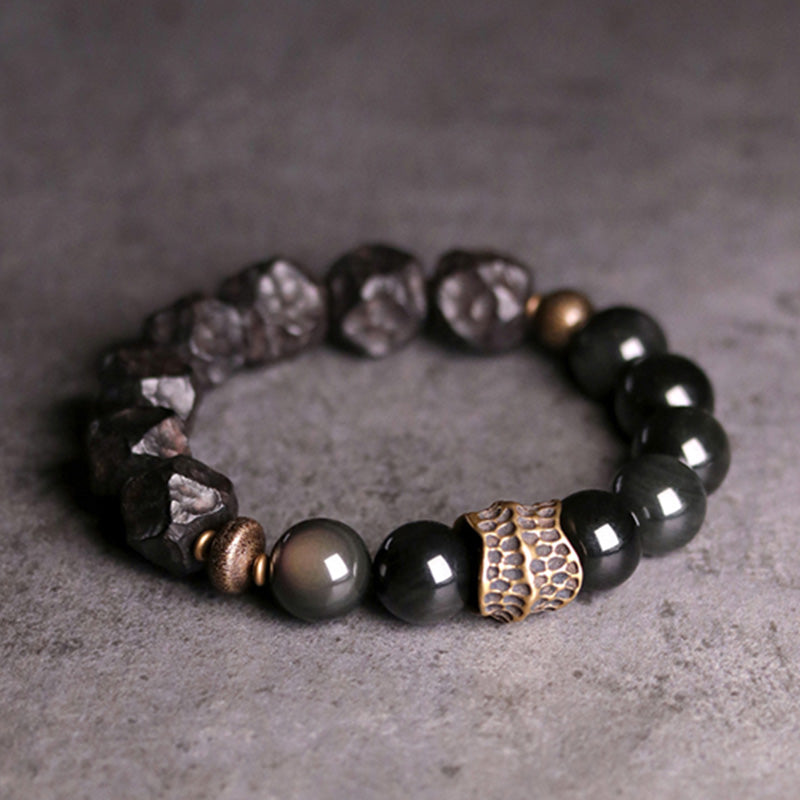 Handcrafted Black Obsidian Ebony Wood & Copper Strength Couple Bracelet