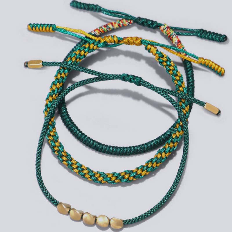 Handmade Tibetan Copper Beads & Endless Knot Woven Bracelet Set - 3 Pieces