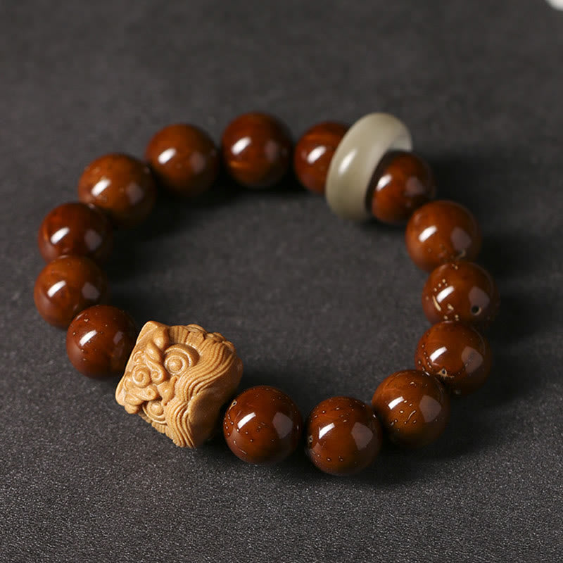 Handcrafted Purple Bodhi Seed Guardian Lion Lotus Beaded Bracelet