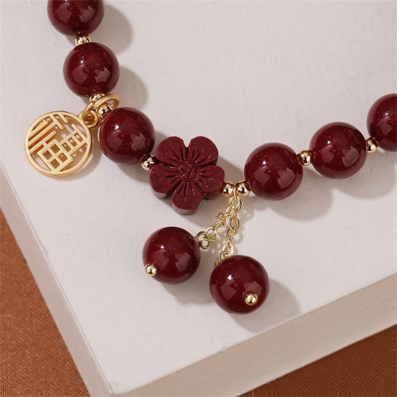Cinnabar Fu Character Cherry Blossom Blessing Bracelet