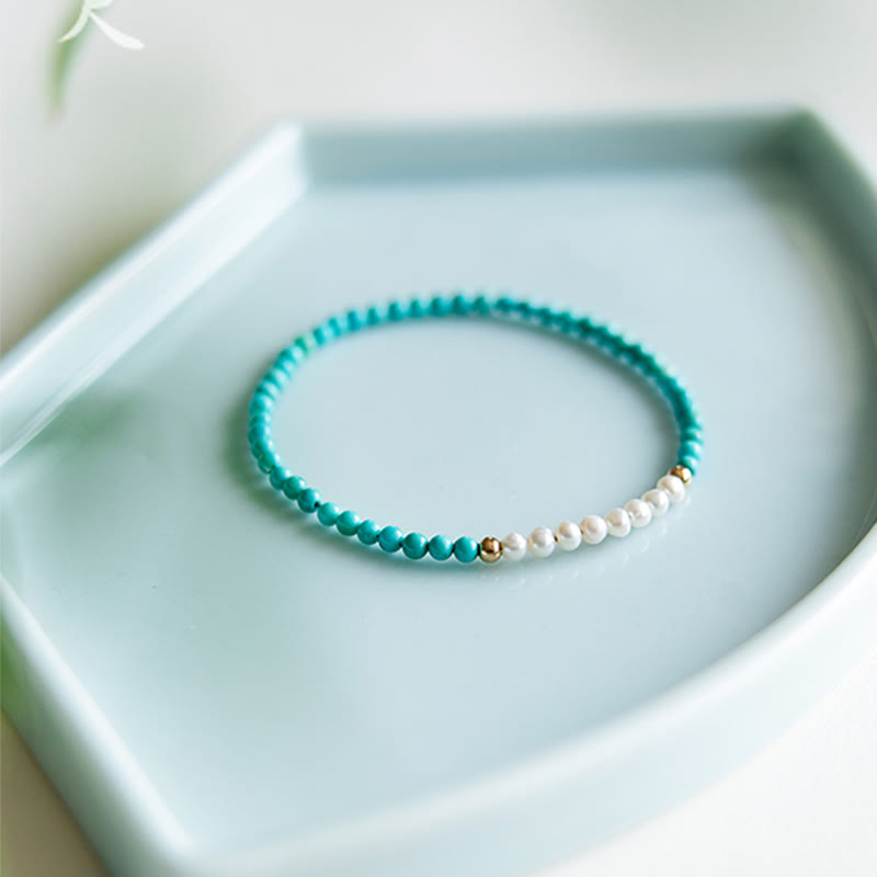 Handcrafted 925 Sterling Silver Natural Turquoise and Pearl Beaded Gold-Tone Bracelet