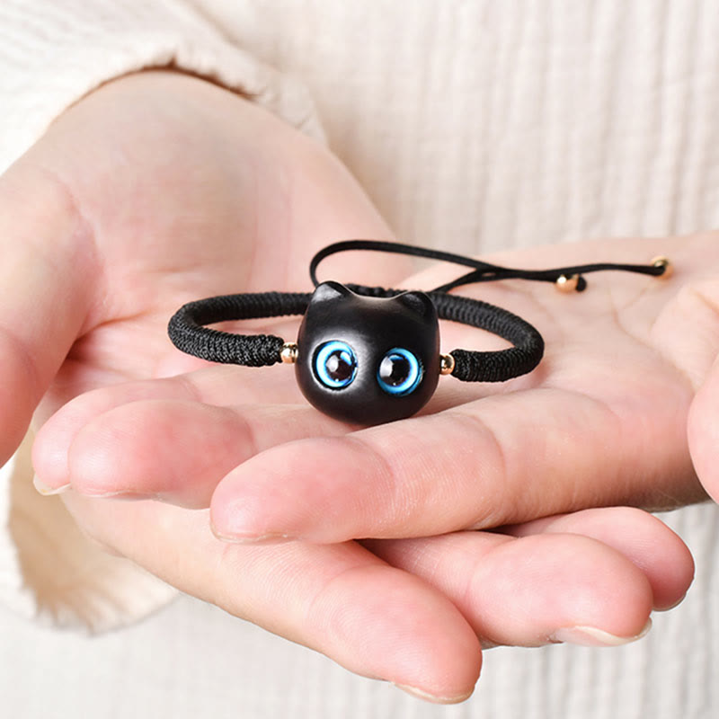 Ebony Wood Cat Head Pattern Peace King Kong Knot Braided Bracelet