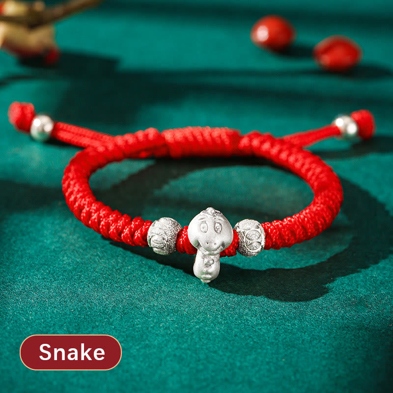 Handcrafted 999 Sterling Silver Chinese Zodiac Vajra Knot Red String Kids Bracelet