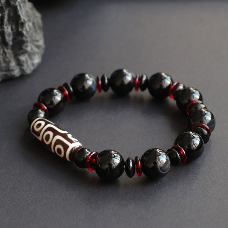 Black Onyx Nine-Eye Dzi Bead Wealth Protection Bracelet