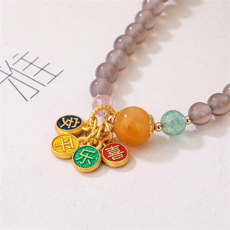 Natural Gray Agate Peace And Joy Charm Balance Double Wrap Bracelet
