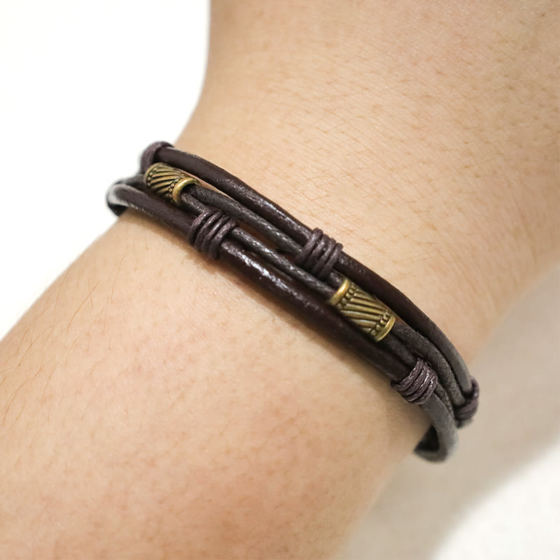Vintage Leather Wrist Band Brown Rope Layered Bracelet Bangle