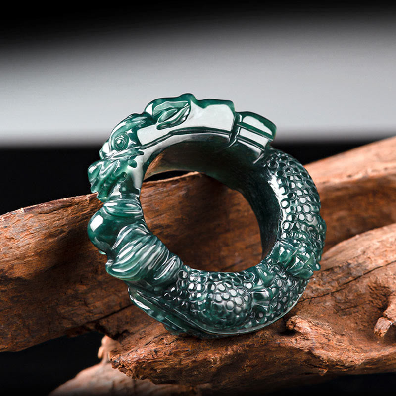 Natural Cyan Jade Dragon Carved Success Ring