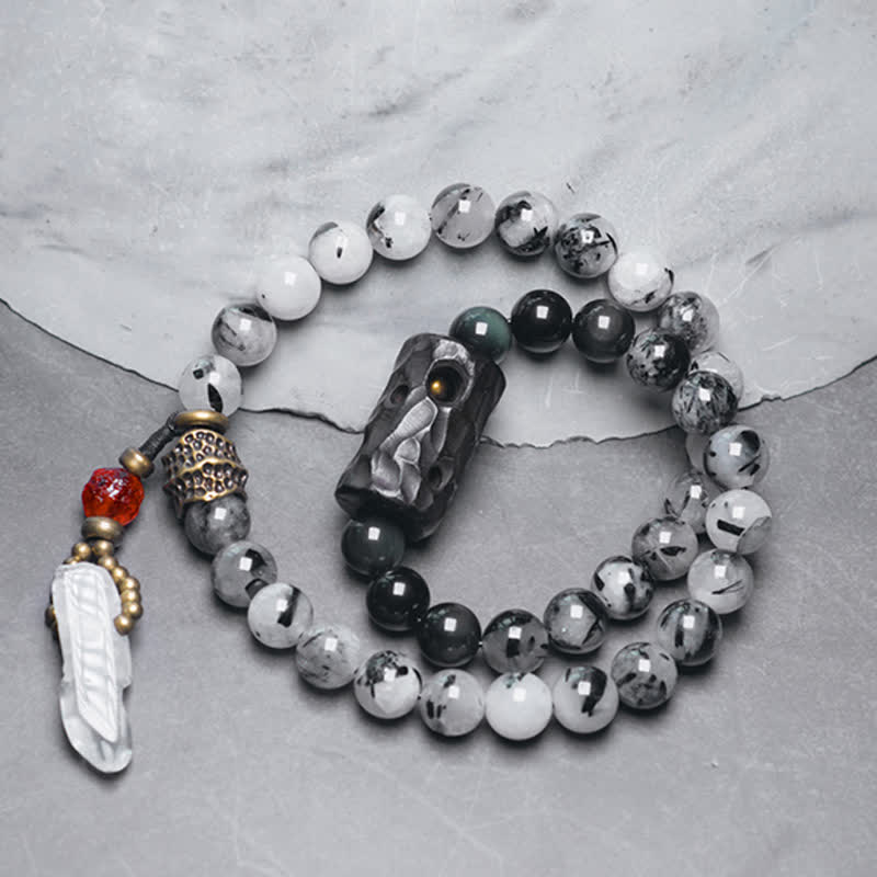 Black Rutilated Quartz, Ebony Wood, Obsidian & Clear Quartz Copper Couple Bracelet