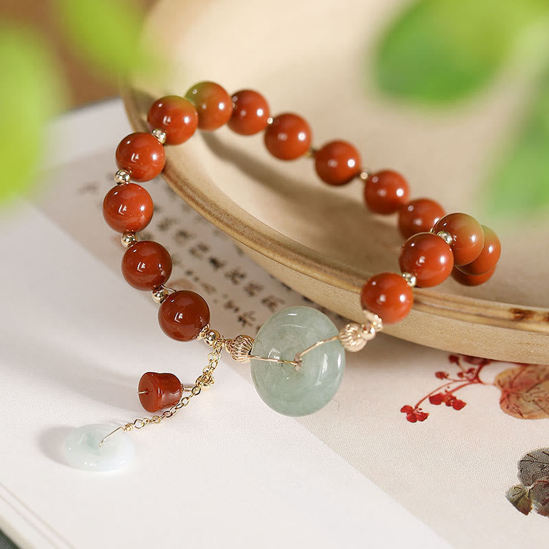 14k Gold Filled Jade & Red Agate Ping An Kou Wu Lou Chinese Coin Charm Bracelet