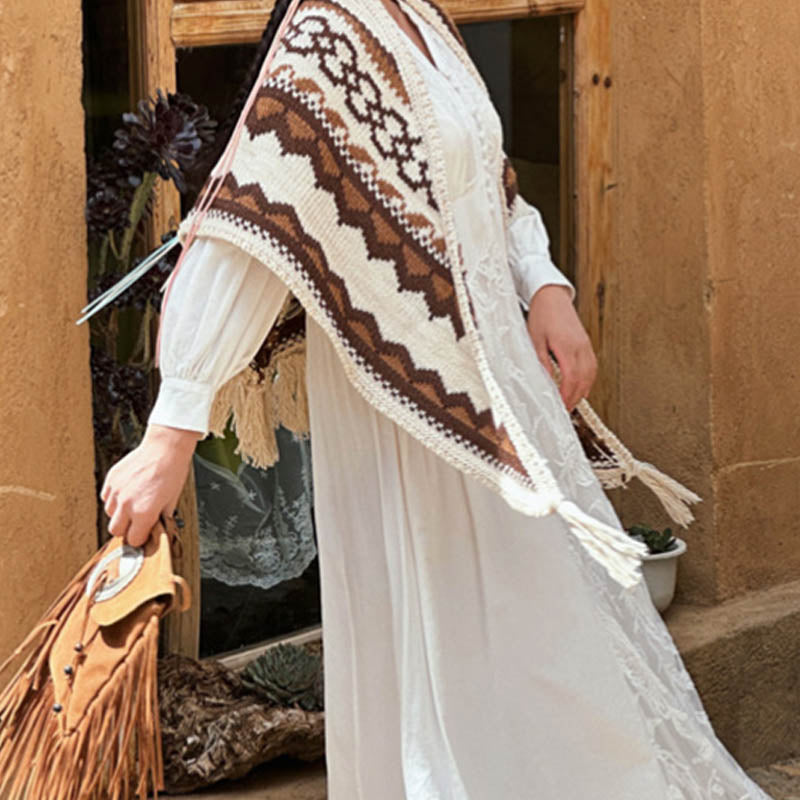 Tibetan Striped Brown Beige Tassel Shawl Winter Cozy Travel Scarf Wrap