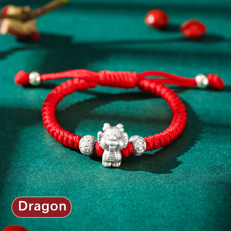 Handcrafted 999 Sterling Silver Chinese Zodiac Vajra Knot Red String Kids Bracelet