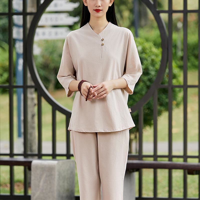 2Pcs Shirt Top Pants Meditation Zen Tai Chi Cotton Linen Clothing Women's Set