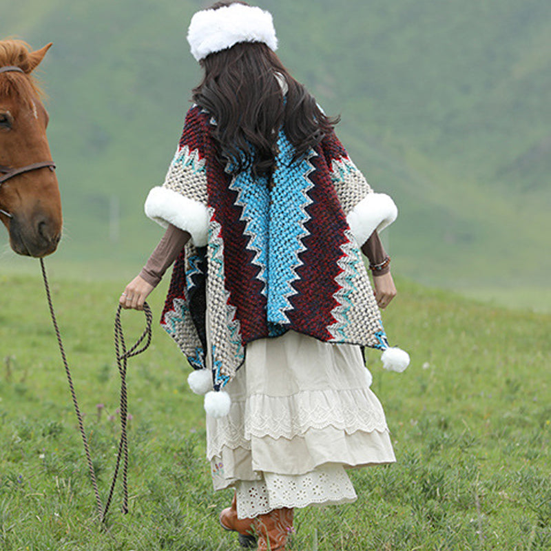 Tibetan Multicolored Wavy Lines Knitted Striped Shawl Coat Winter Cozy Travel Scarf Wrap