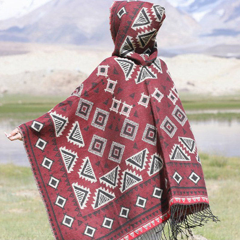 Tibetan Shawl Triangle Pattern Hooded Cloak Winter Cozy Travel Scarf Wrap