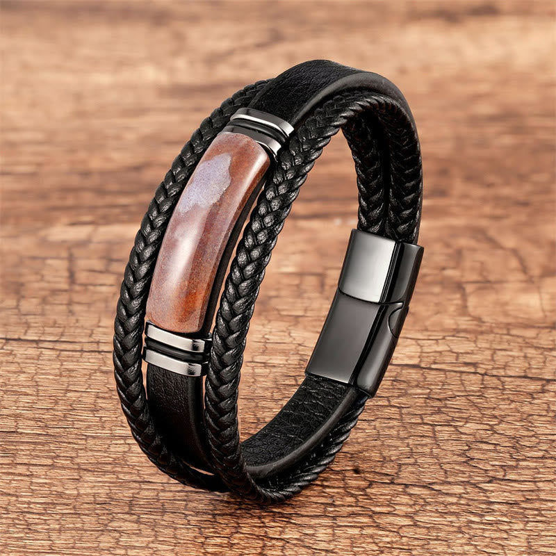 Multilayered Braided Leather Natural Gemstone Power Bracelet