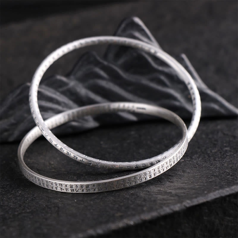 999 Sterling Silver Hand-Carved Heart Sutra Bangle Bracelet