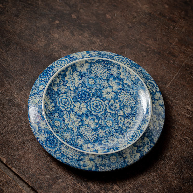 Vintage Blue And White Porcelain Peach Blossom Lotus Peony Ceramic Gaiwan Sancai Teacup Kung Fu Tea Cup And Saucer With Lid