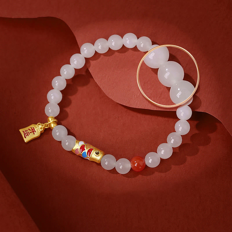 925 Sterling Silver Koi Fish Red Agate & Hetian White Jade Beaded Bracelet