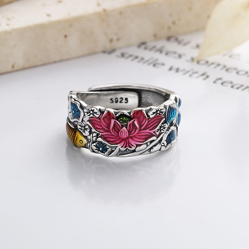 925 Sterling Silver Koi Fish Lotus Flower Prosperity Ring