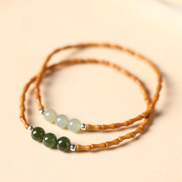 Natural Olive Pit & Hetian Jade Beaded Bracelet with Bamboo Pattern and White Copper Elements