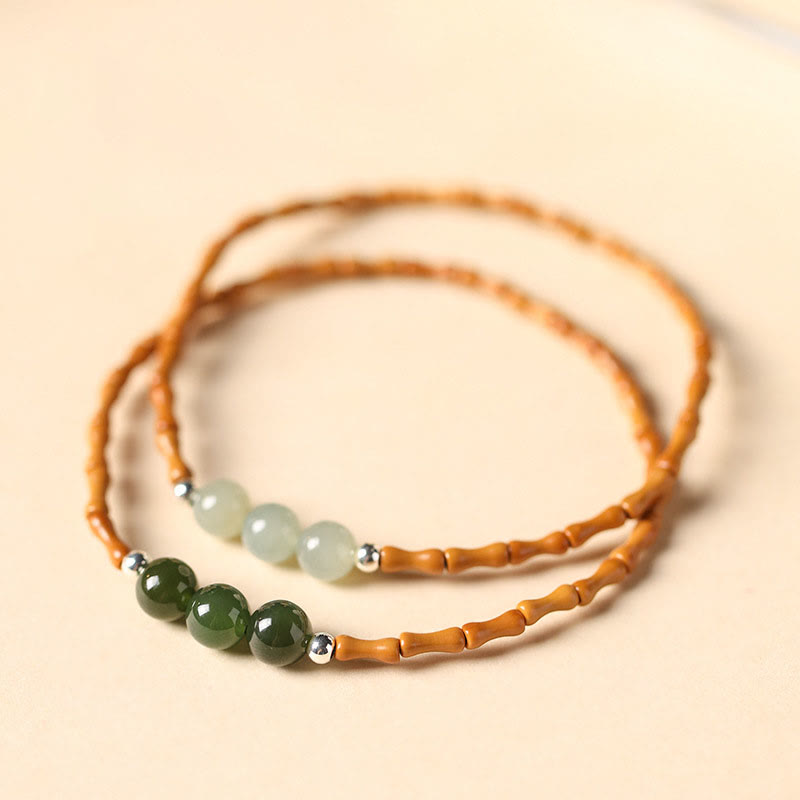 Natural Olive Pit & Hetian Jade Beaded Bracelet with Bamboo Pattern and White Copper Elements