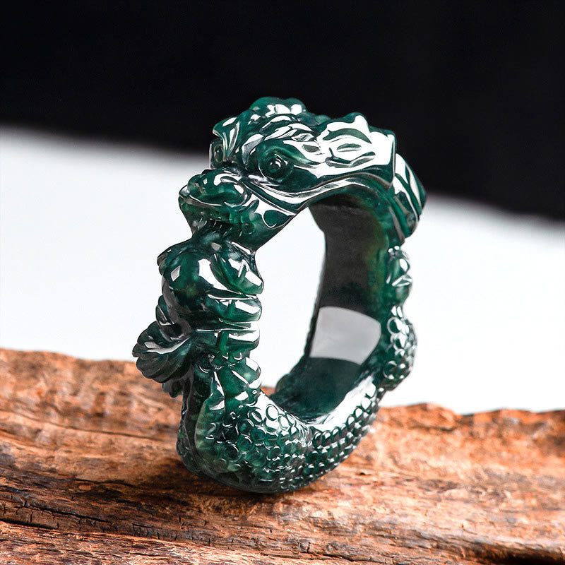Natural Cyan Jade Dragon Carved Success Ring