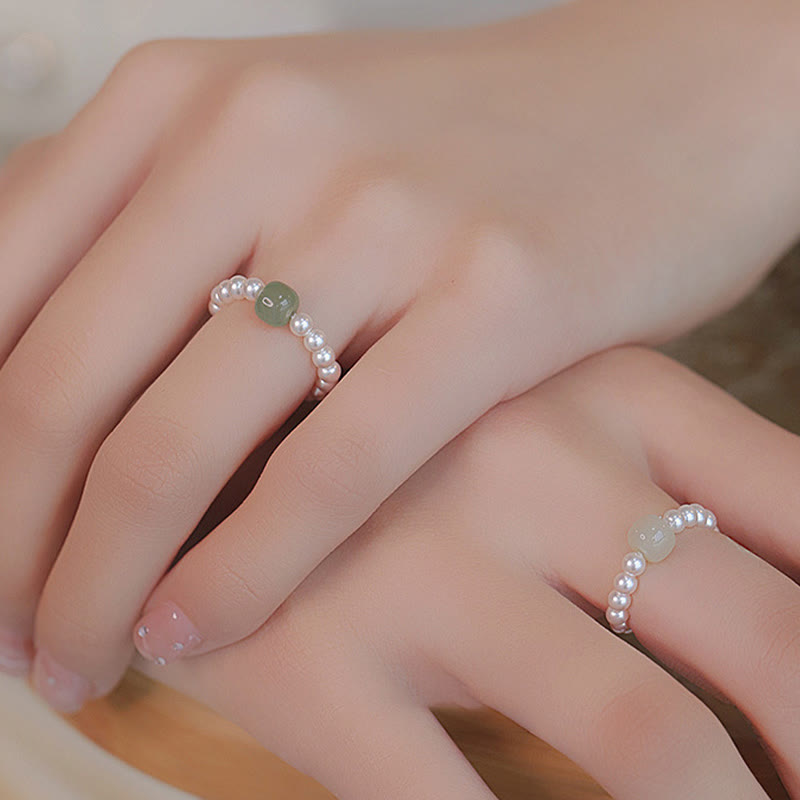 Natural Round Jade and Pearl Beaded Minimalist Ring