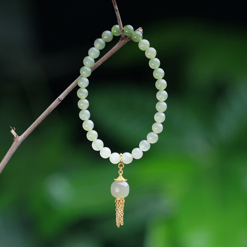 925 Sterling Silver Hetian Jade Beaded Wealth Bag Charm Bracelet