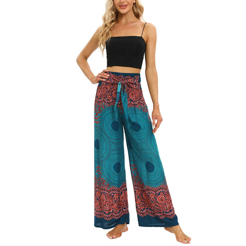 Bohemian Compass Flower Print Lace-up Wide Leg Pants Women's Yoga Pants