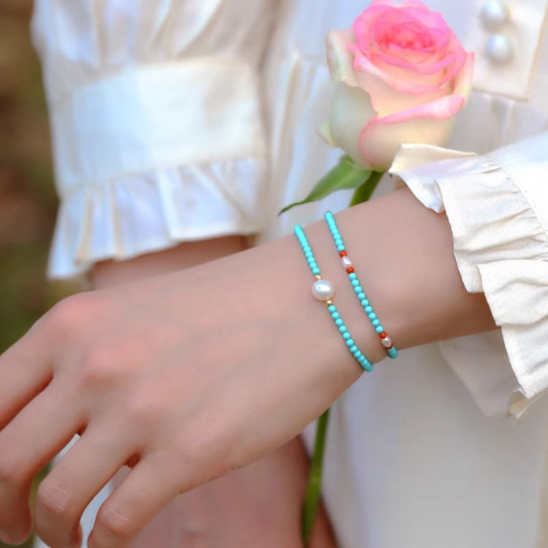 Turquoise Red Agate Pearl Small Beaded Protection Bracelet