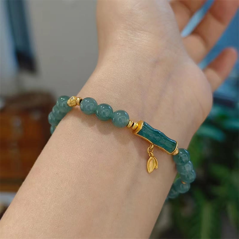 Natural Green Jade & Bamboo Charm Bracelet with Gold Plated 925 Sterling Silver