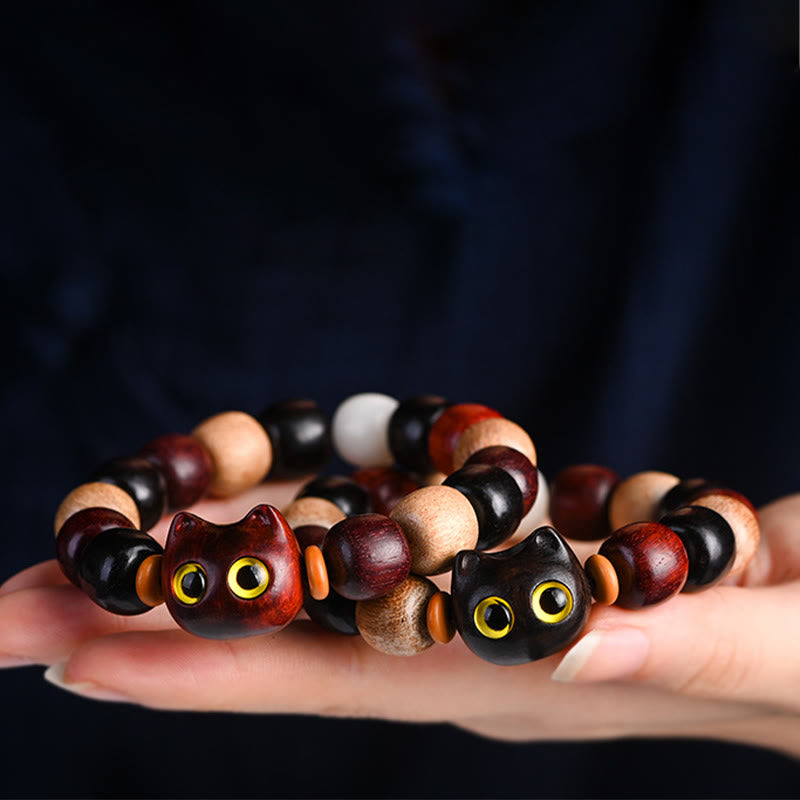 Cute Cat Engraved Sandalwood & Ebony Wood Energy Bracelet