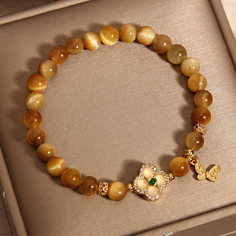 Tiger Eye Four Leaf Clover Butterfly Protection Bracelet