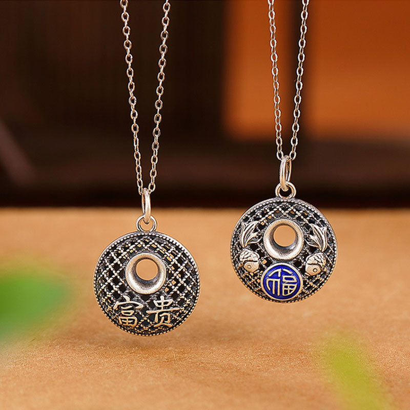 999 Sterling Silver Koi Fish Fu Character Lotus Peace Buckle Wealth Necklace Pendant