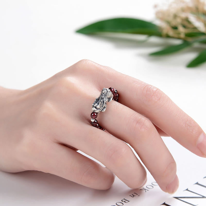 925 Sterling Silver Natural Garnet Moonstone Red Agate PiXiu Wealth Ring