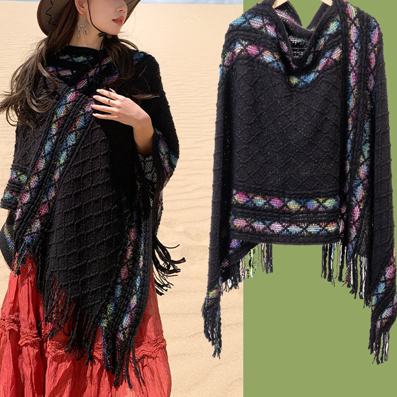 Tactile Knit Geometric Tassel Meditation Shawl Pullover